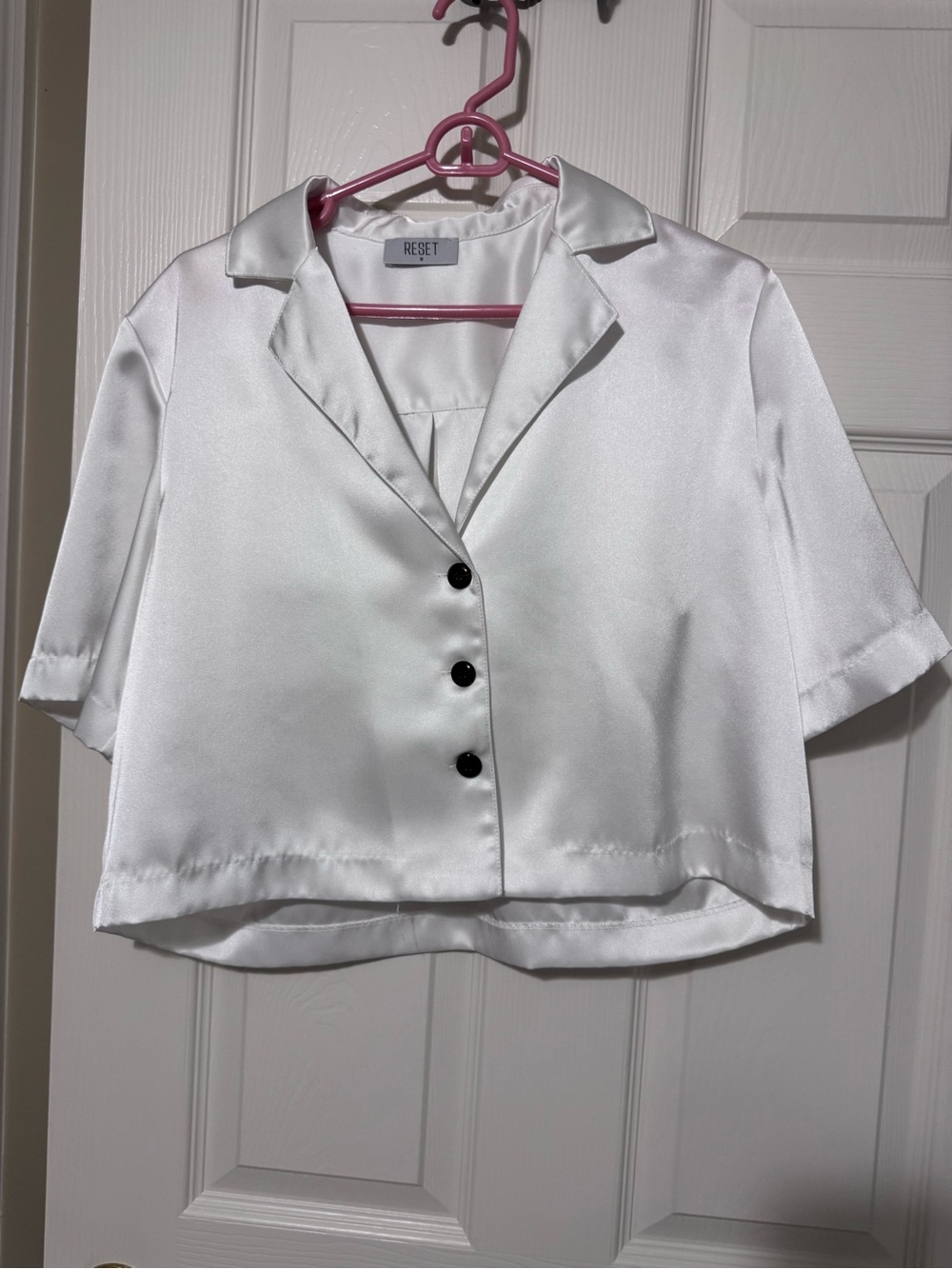 RESET Satin Cropped Button-Up Top in White (medium boxy fit)